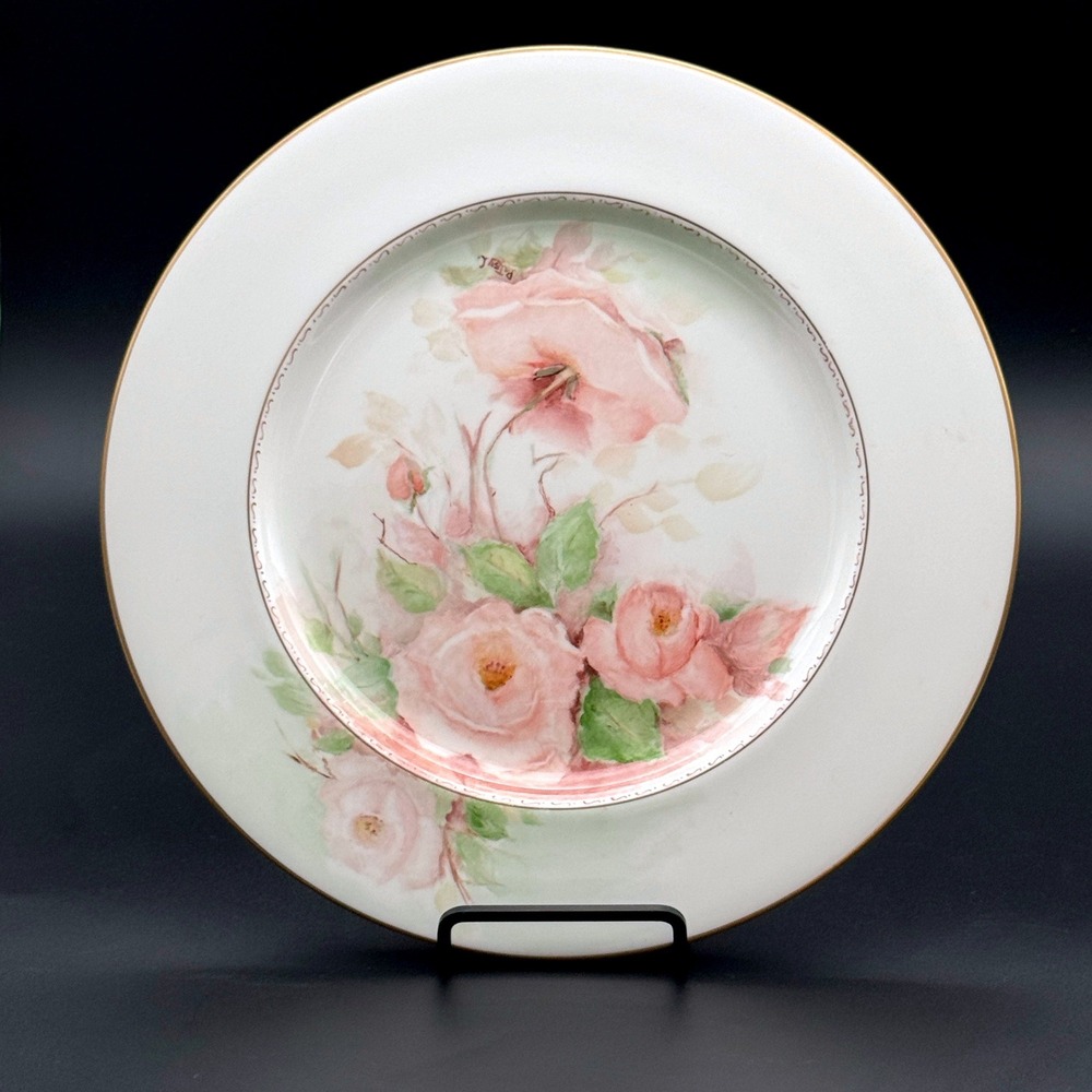 Trend Royal Doulton Dinner Plate Pink Floral Patsy L Signed White Gold Rim 1995